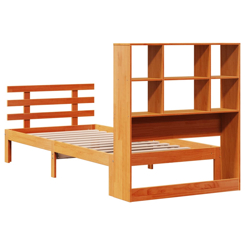 barna tömör fenyőfa könyvespolcos ágy matrac nélkül 100 x 200cm