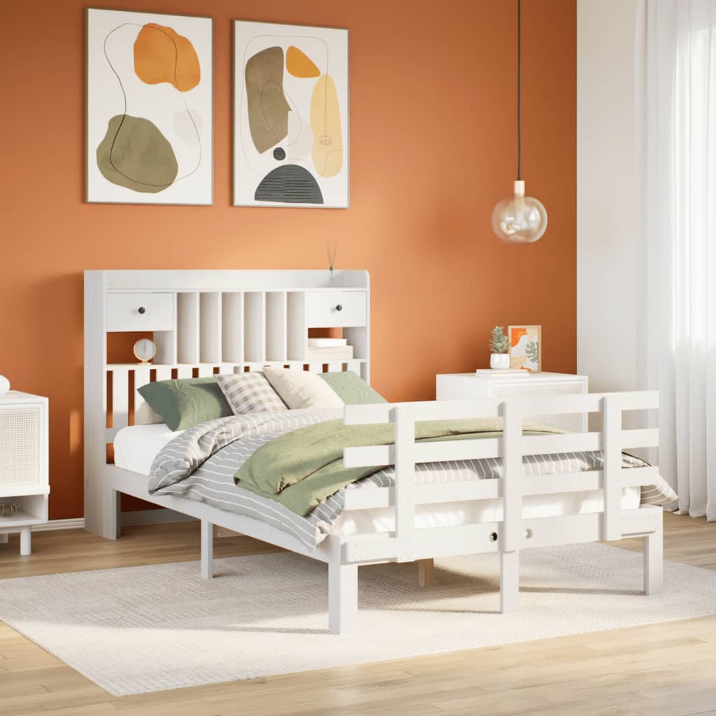 fehér tömör fenyőfa könyvespolcos ágy matrac nélkül 135x190 cm