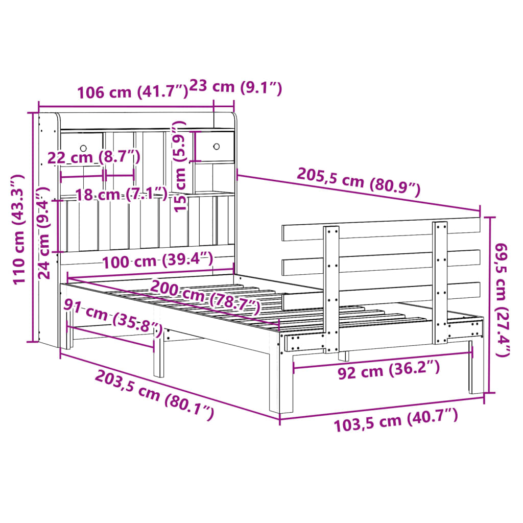tömör fenyőfa könyvespolcos ágy matrac nélkül 100 x 200 cm