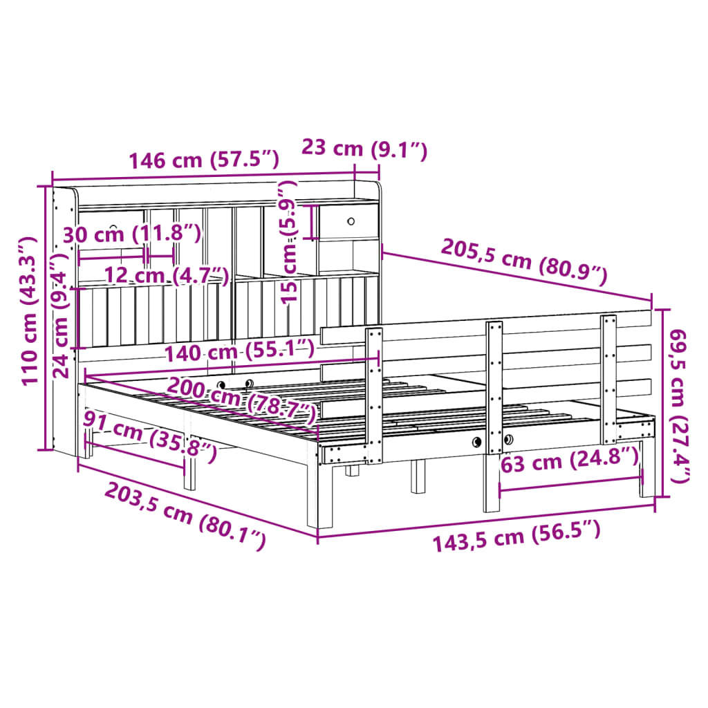 fehér tömör fenyőfa könyvespolcos ágy matrac nélkül 140x200 cm