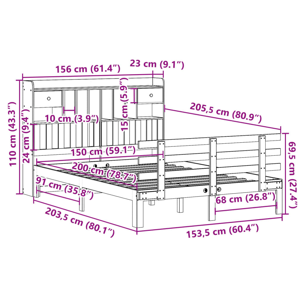 fehér tömör fenyőfa könyvespolcos ágy matrac nélkül 150x200 cm