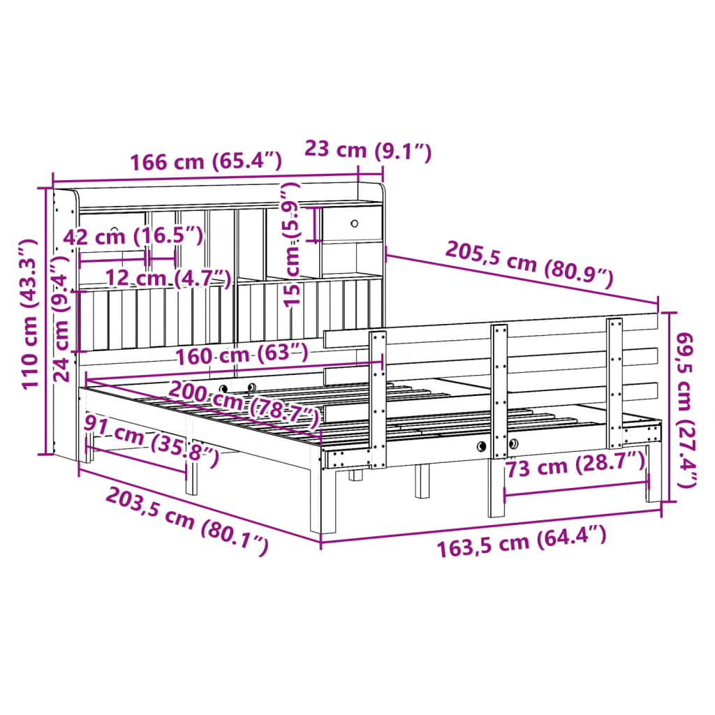fehér tömör fenyőfa könyvespolcos ágy matrac nélkül 160x200 cm