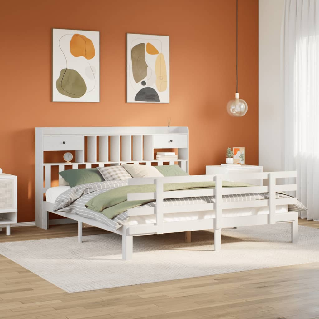 fehér tömör fenyőfa könyvespolcos ágy matrac nélkül 180x200 cm