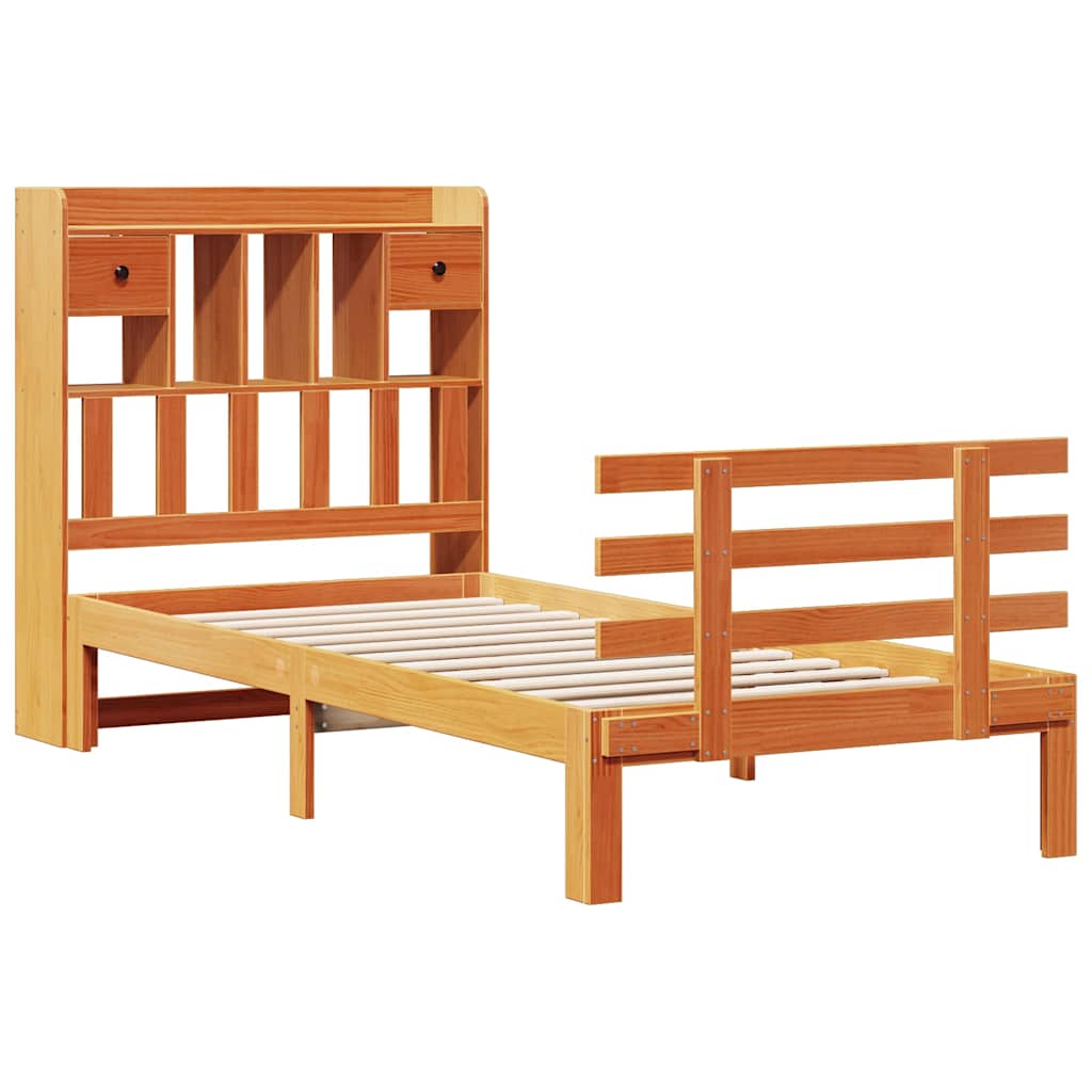 barna tömör fenyőfa könyvespolcos ágy matrac nélkül 100 x 200cm