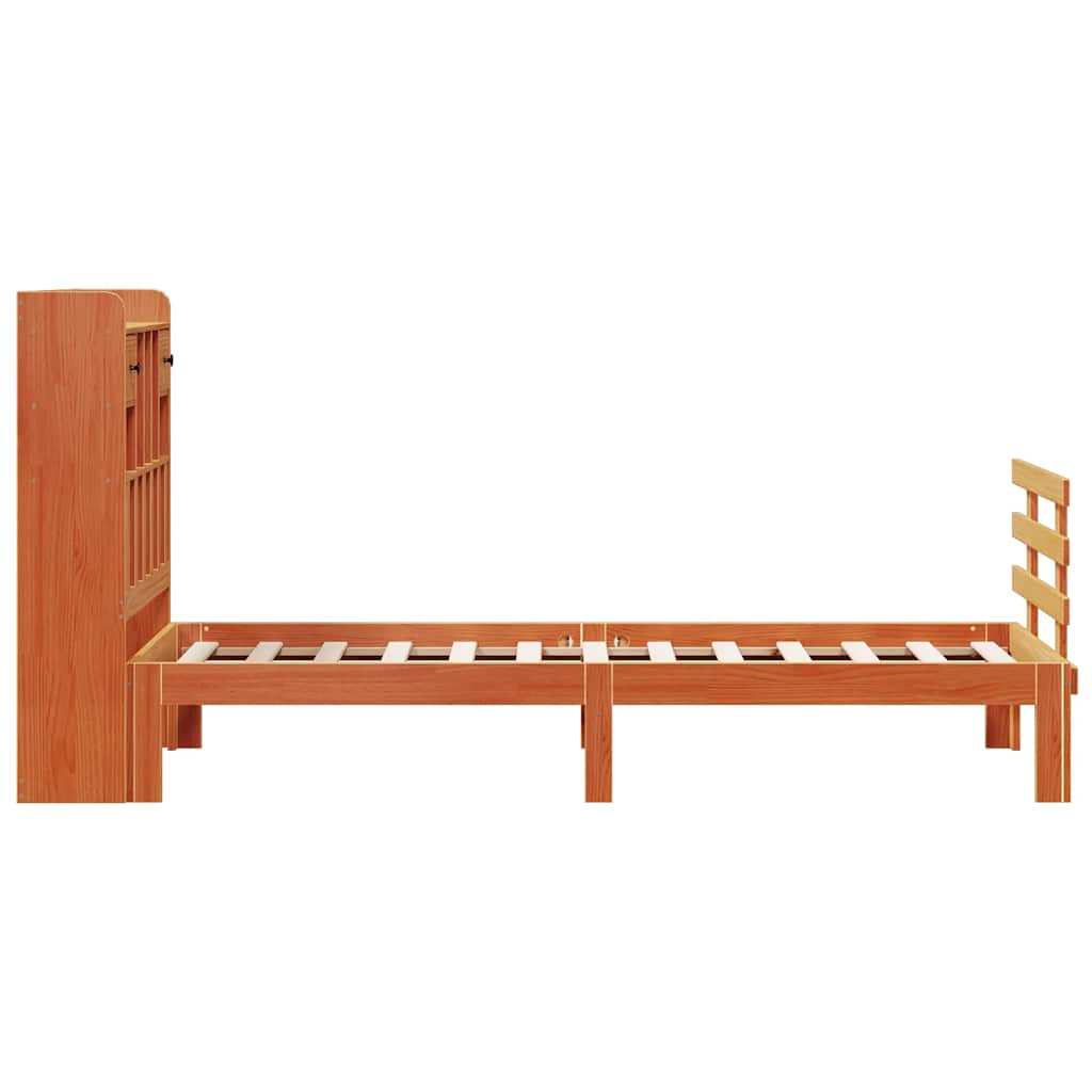 barna tömör fenyőfa könyvespolcos ágy matrac nélkül 100 x 200cm