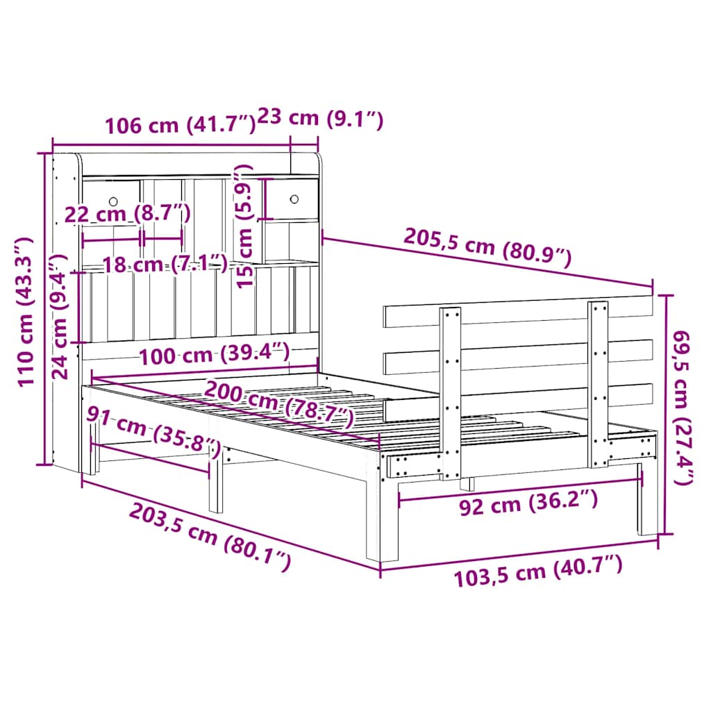 barna tömör fenyőfa könyvespolcos ágy matrac nélkül 100 x 200cm