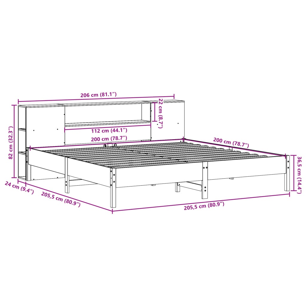 barna tömör fenyőfa könyvespolcos ágy matrac nélkül 200 x 200cm