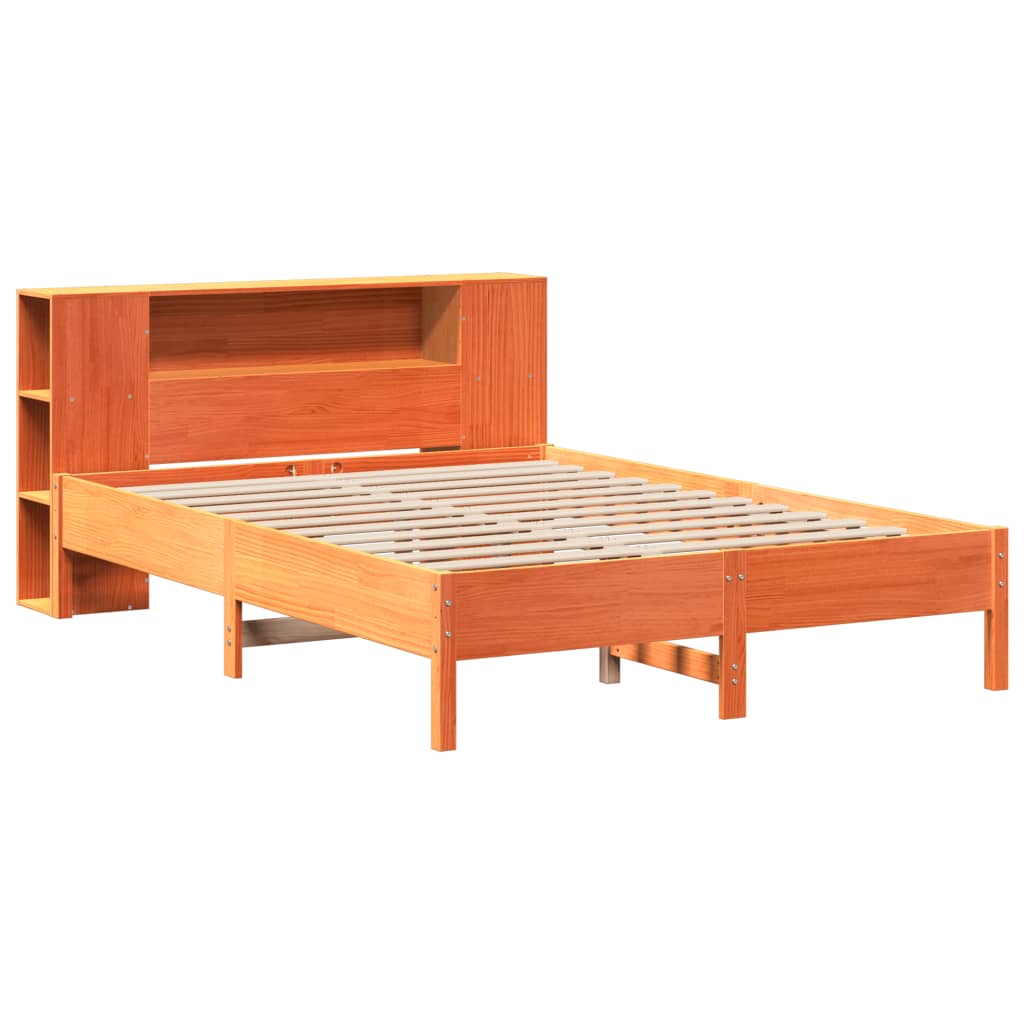 barna tömör fenyőfa könyvespolcos ágy matrac nélkül 140 x 200cm