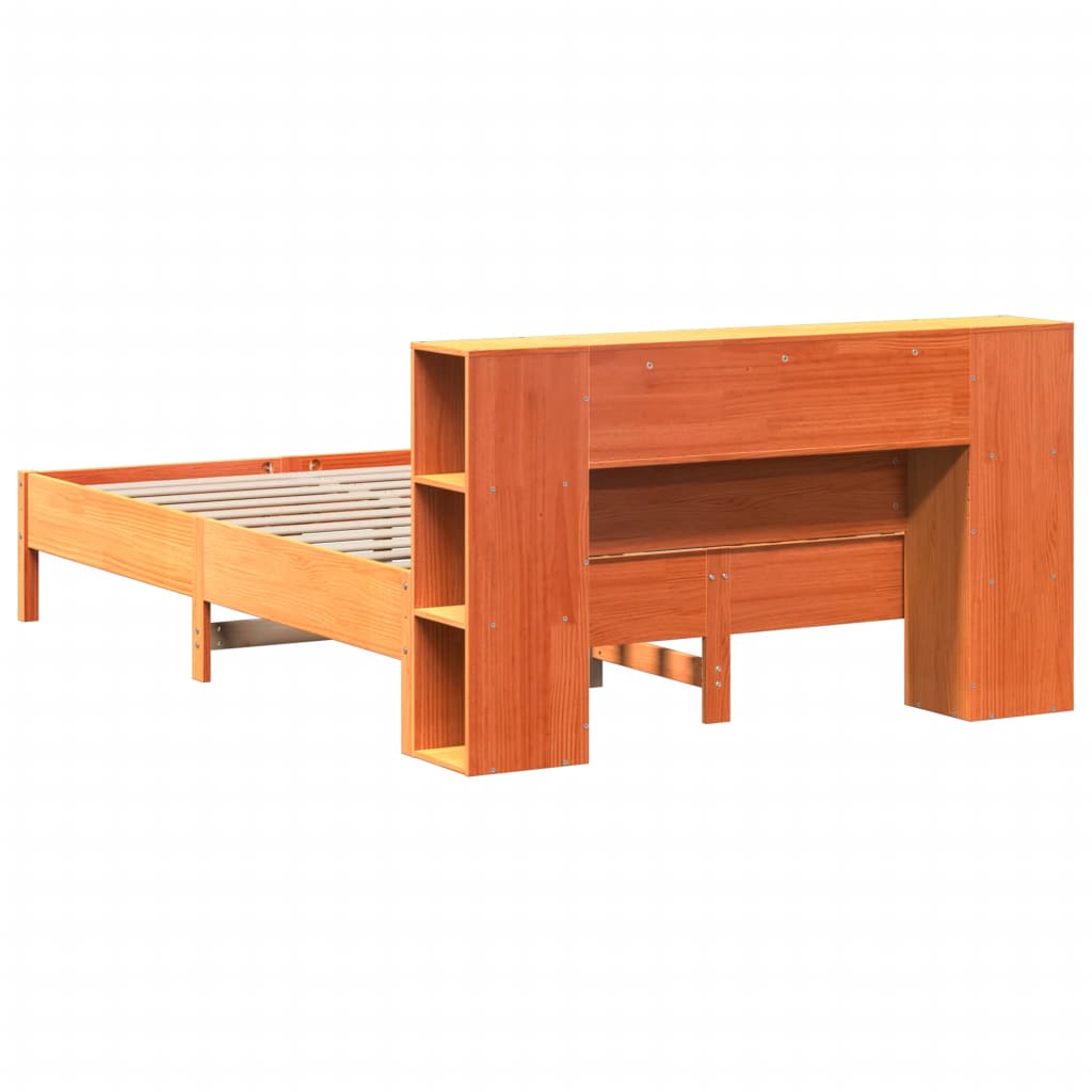barna tömör fenyőfa könyvespolcos ágy matrac nélkül 140 x 200cm