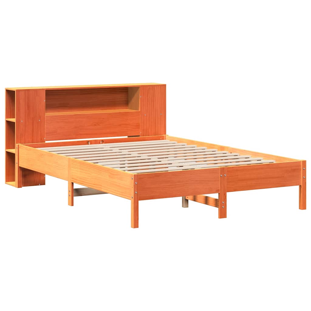 barna tömör fenyőfa könyvespolcos ágy matrac nélkül 140 x 190cm