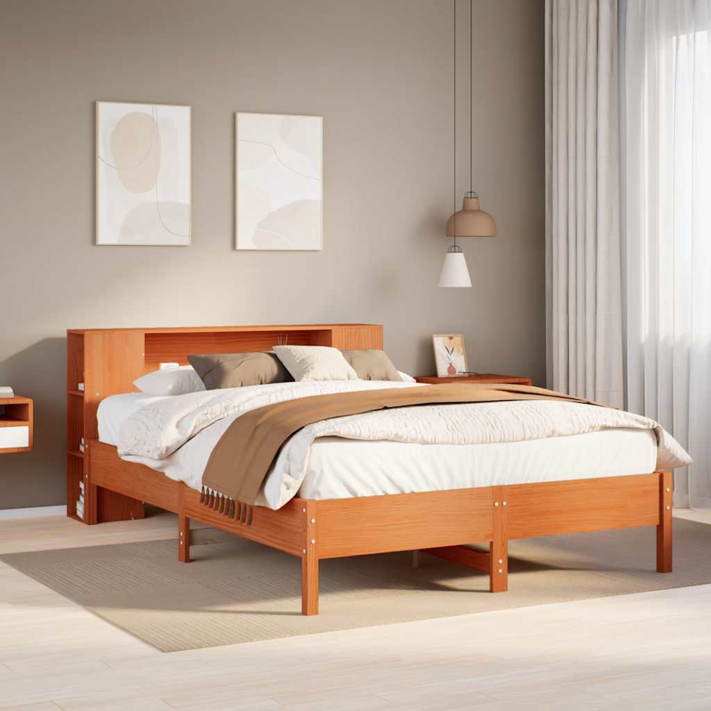 barna tömör fenyőfa könyvespolcos ágy matrac nélkül 140 x 190cm