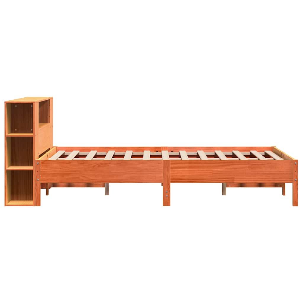 barna tömör fenyőfa könyvespolcos ágy matrac nélkül 135 x 190cm