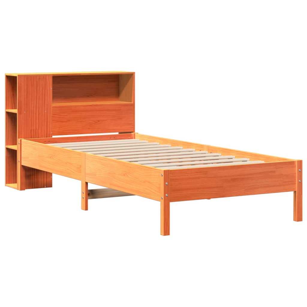 barna tömör fenyőfa könyvespolcos ágy matrac nélkül 100 x 200cm