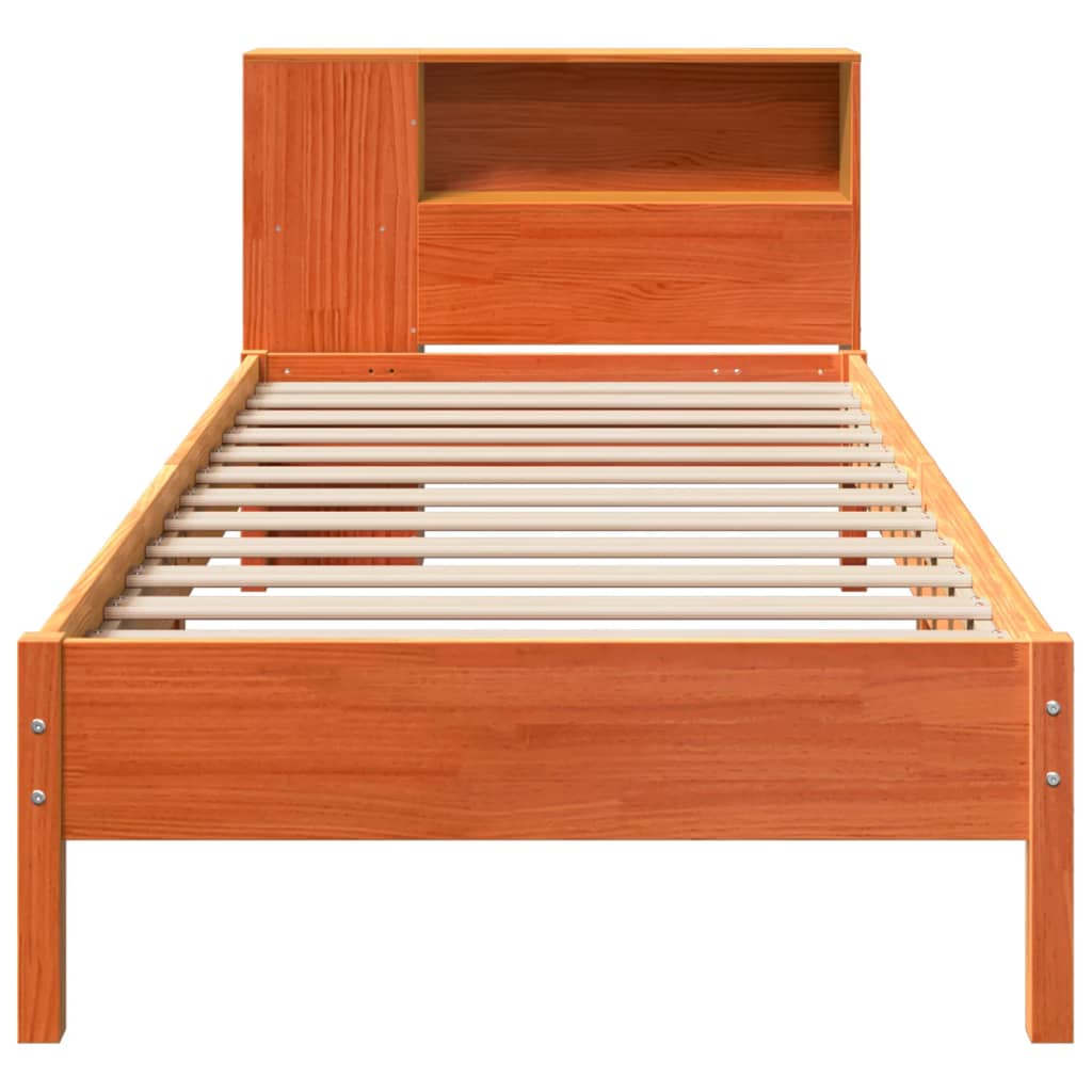barna tömör fenyőfa könyvespolcos ágy matrac nélkül 100 x 200cm