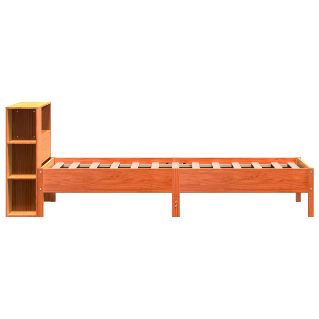 barna tömör fenyőfa könyvespolcos ágy matrac nélkül 100 x 200cm