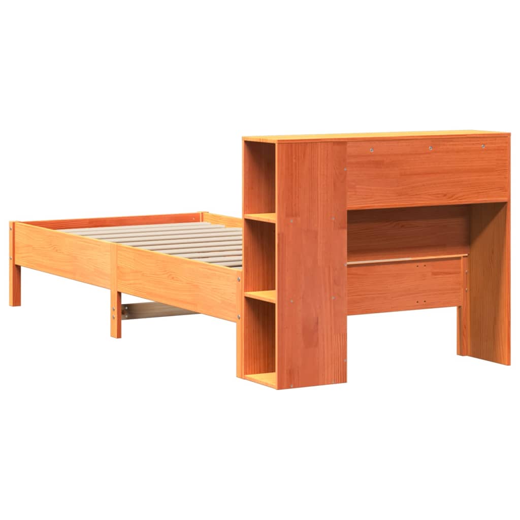 barna tömör fenyőfa könyvespolcos ágy matrac nélkül 100 x 200cm