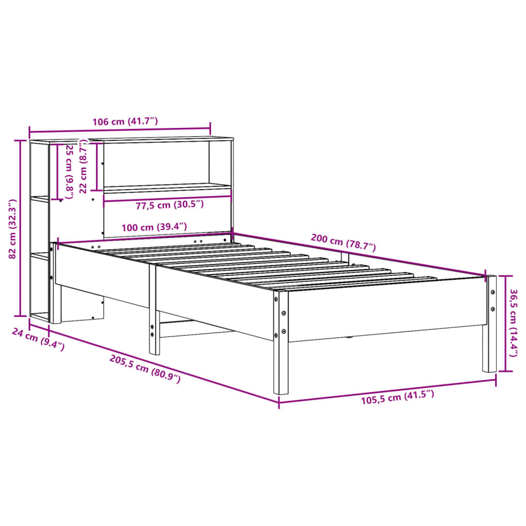 barna tömör fenyőfa könyvespolcos ágy matrac nélkül 100 x 200cm