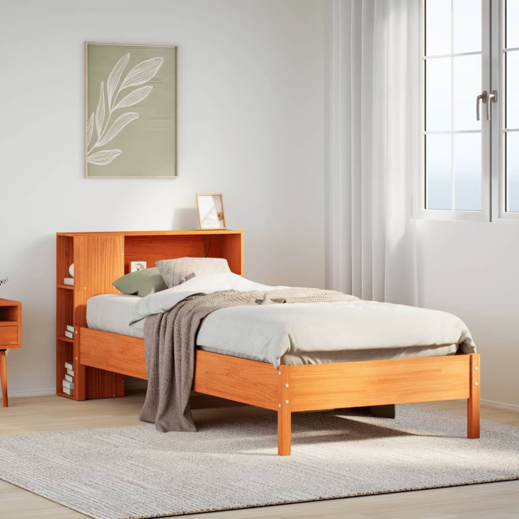barna tömör fenyőfa könyvespolcos ágy matrac nélkül 100 x 200cm