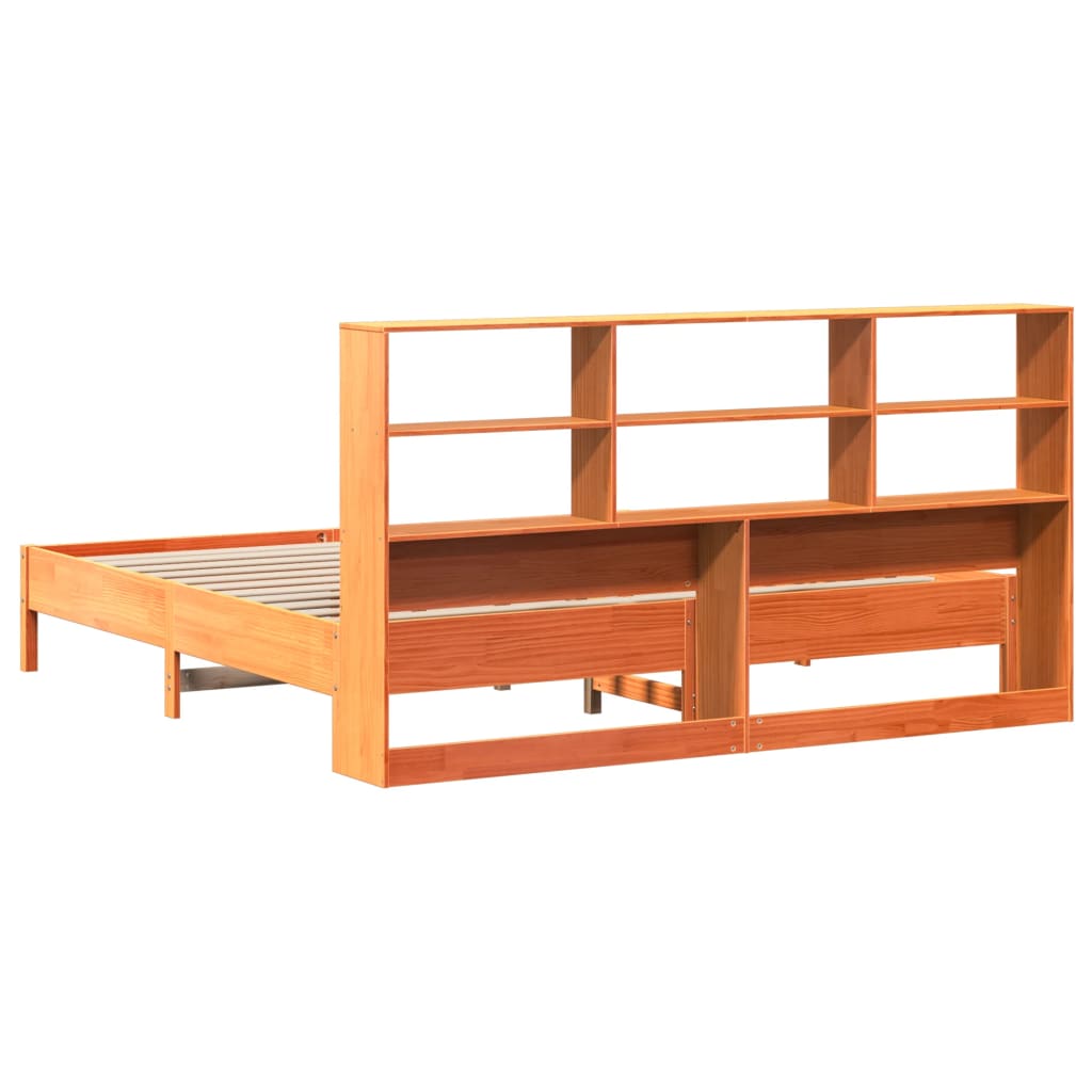 barna tömör fenyőfa könyvespolcos ágy matrac nélkül 200 x 200cm