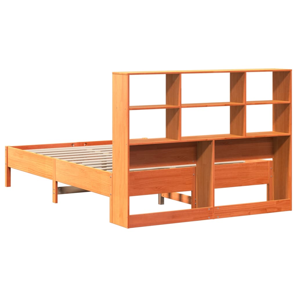 barna tömör fenyőfa könyvespolcos ágy matrac nélkül 160 x 200cm