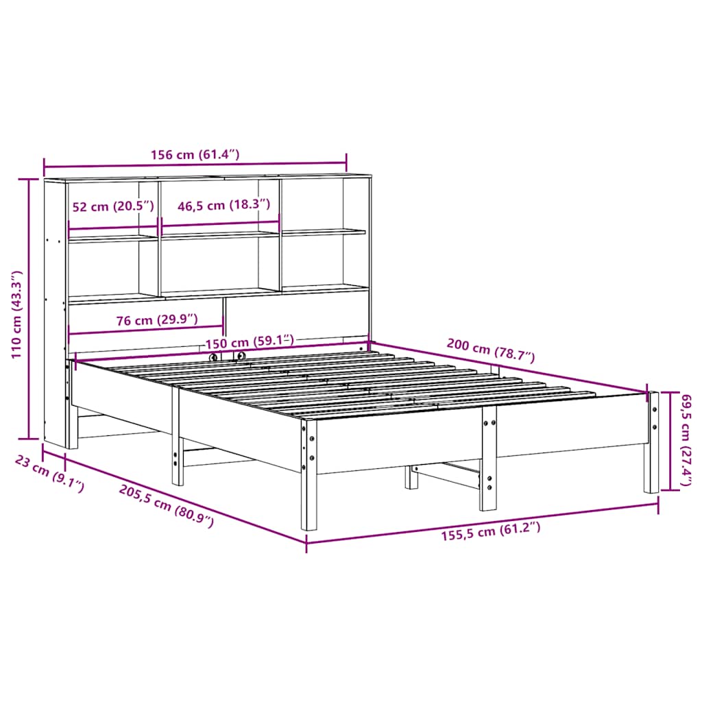 barna tömör fenyőfa könyvespolcos ágy matrac nélkül 150 x 200cm