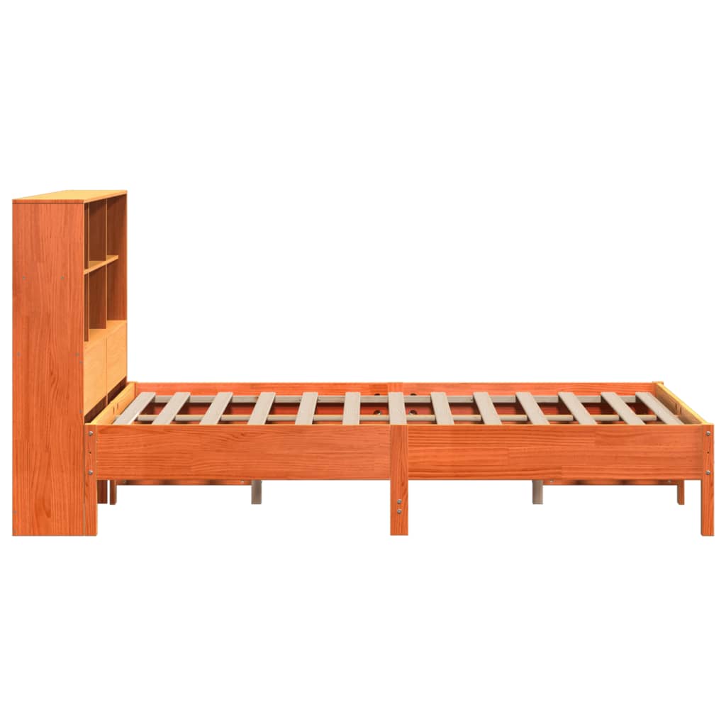barna tömör fenyőfa könyvespolcos ágy matrac nélkül 140 x 200cm