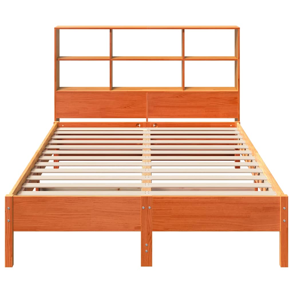 barna tömör fenyőfa könyvespolcos ágy matrac nélkül 120 x 200cm