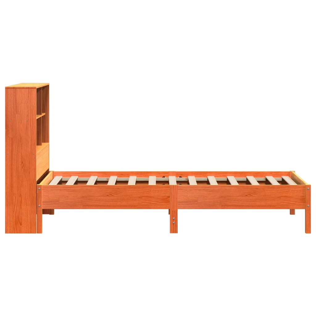 barna tömör fenyőfa könyvespolcos ágy matrac nélkül 100 x 200cm