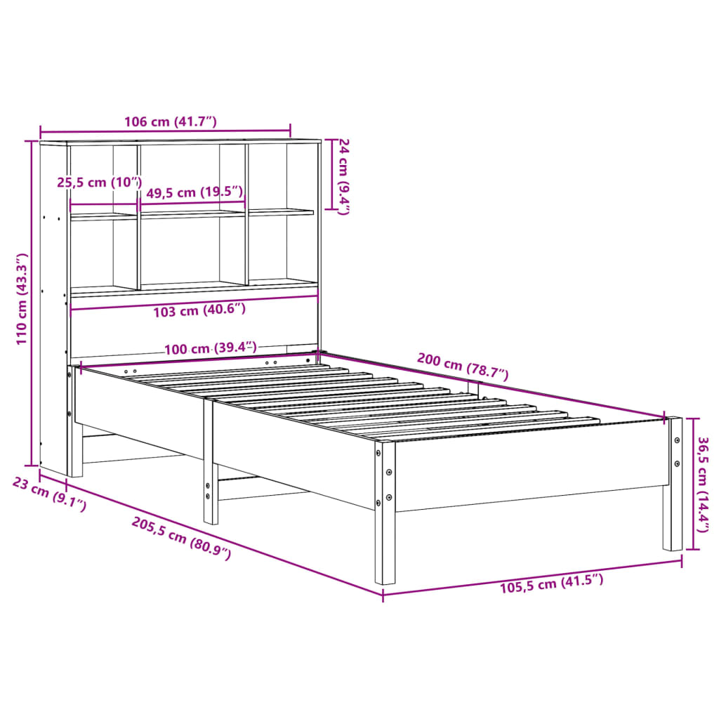 barna tömör fenyőfa könyvespolcos ágy matrac nélkül 100 x 200cm