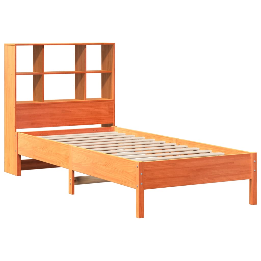 barna tömör fenyőfa könyvespolcos ágy matrac nélkül 75 x 190 cm