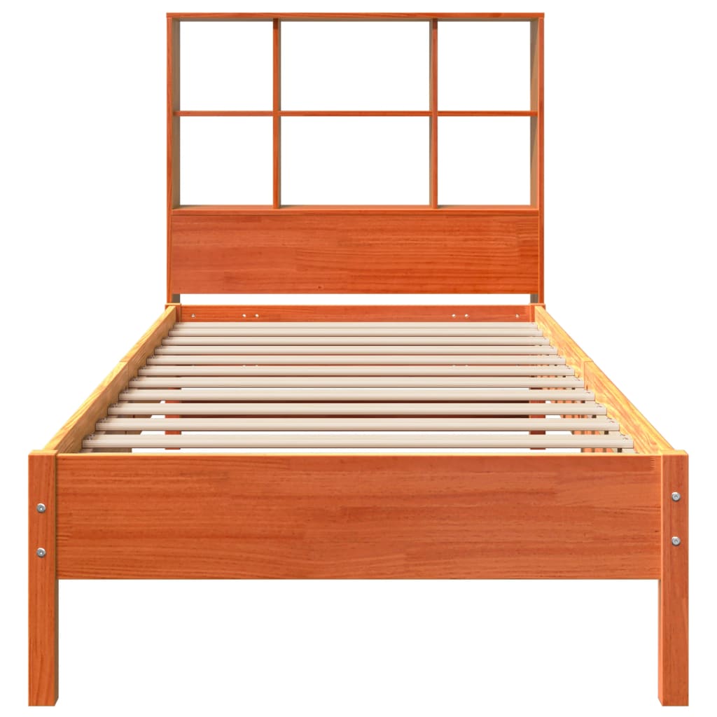 barna tömör fenyőfa könyvespolcos ágy matrac nélkül 75 x 190 cm