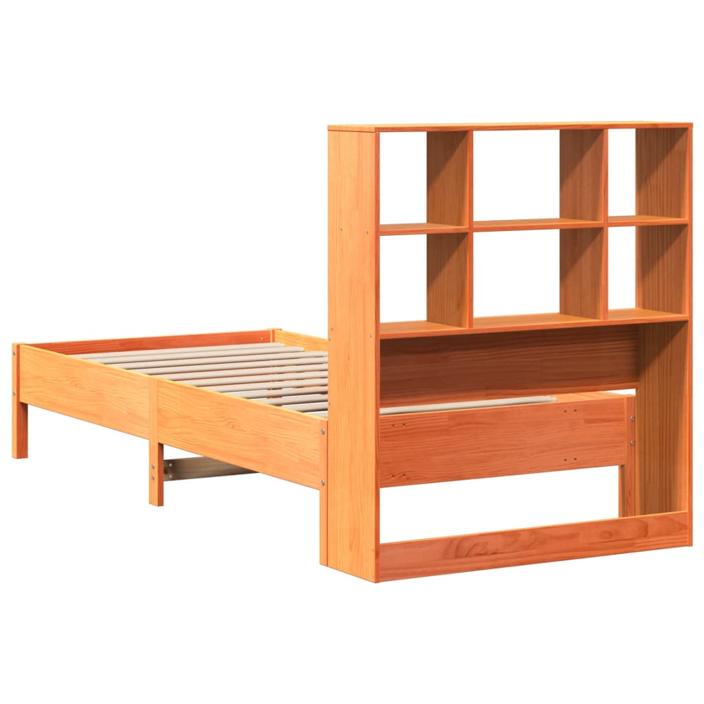 barna tömör fenyőfa könyvespolcos ágy matrac nélkül 75 x 190 cm