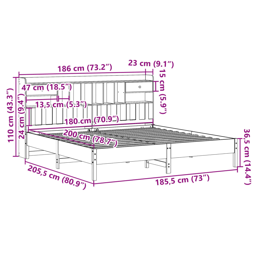 fehér tömör fenyőfa könyvespolcos ágy matrac nélkül 180x200 cm