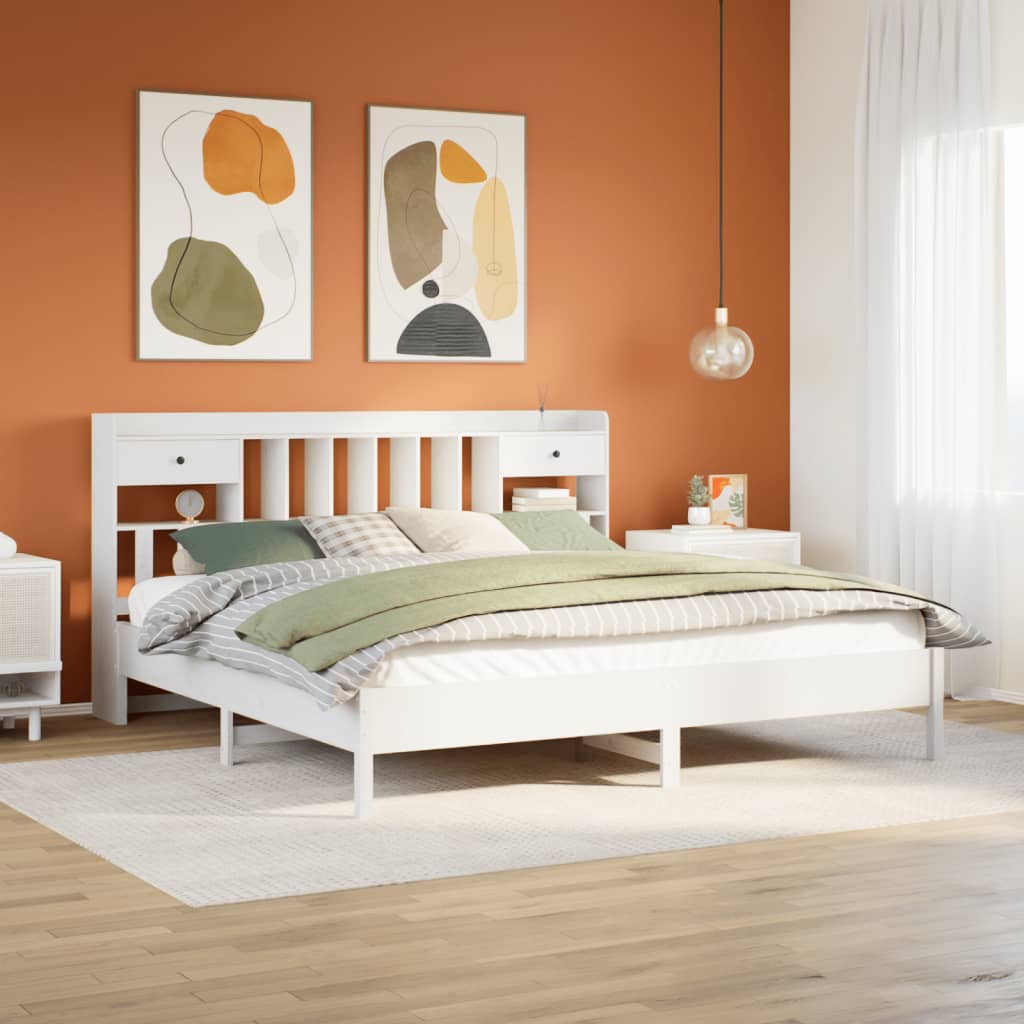 fehér tömör fenyőfa könyvespolcos ágy matrac nélkül 180x200 cm