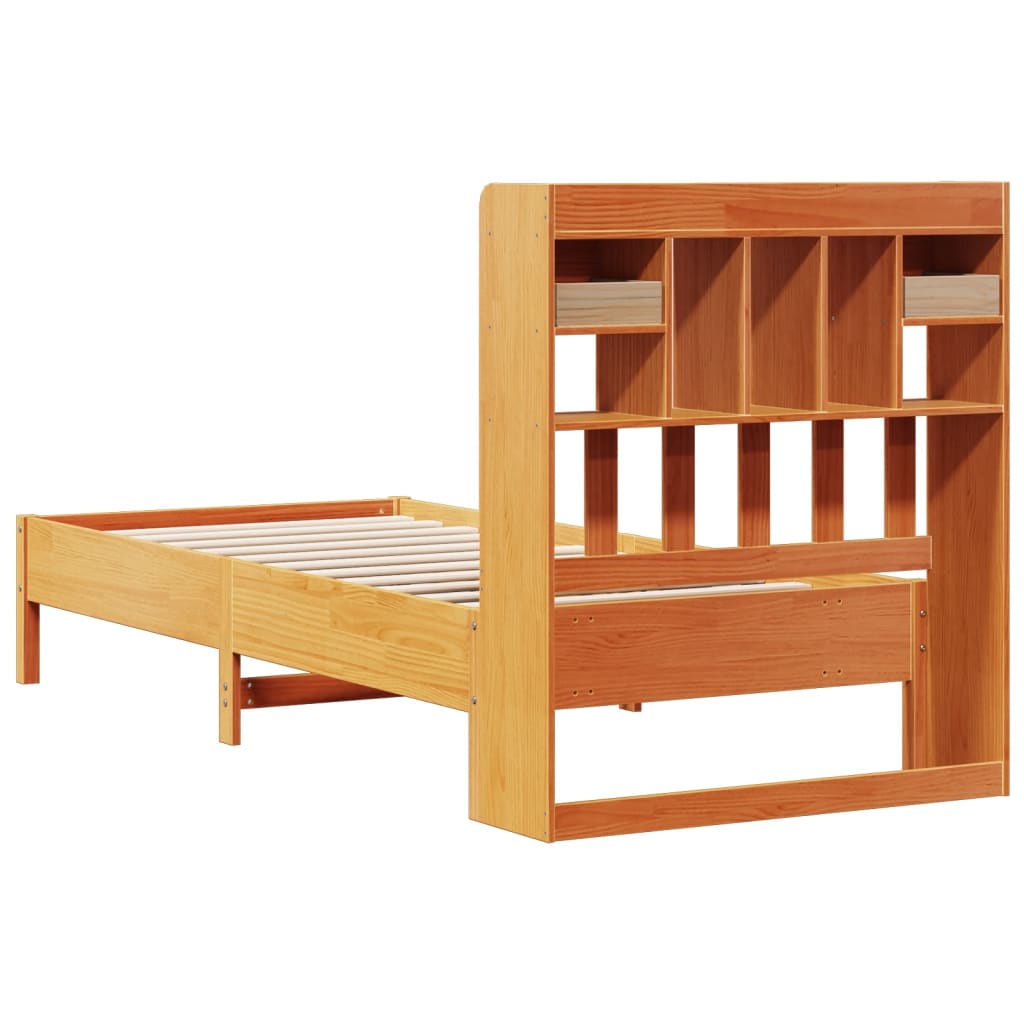 barna tömör fenyőfa könyvespolcos ágy matrac nélkül 100 x 200cm