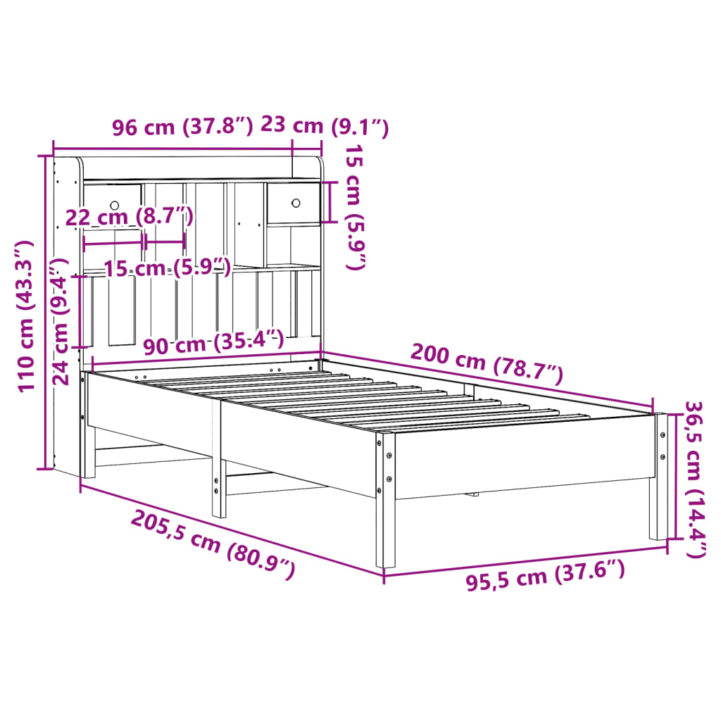 fehér tömör fenyőfa könyvespolcos ágy matrac nélkül 90 x 200 cm