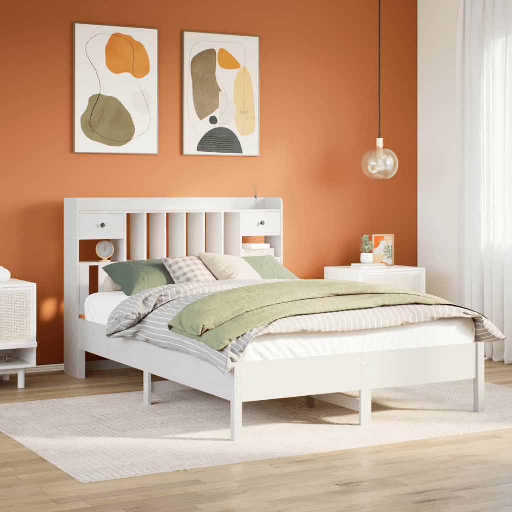 fehér tömör fenyőfa könyvespolcos ágy matrac nélkül 140x190 cm