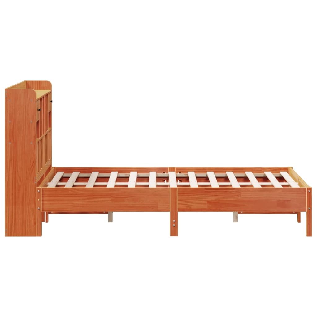 barna tömör fenyőfa könyvespolcos ágy matrac nélkül 140 x 190cm