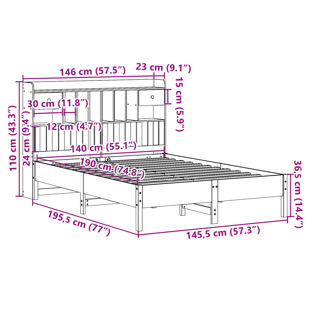 barna tömör fenyőfa könyvespolcos ágy matrac nélkül 140 x 190cm