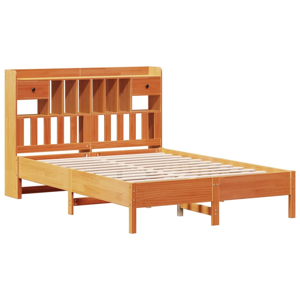 barna tömör fenyőfa könyvespolcos ágy matrac nélkül 135 x 190cm