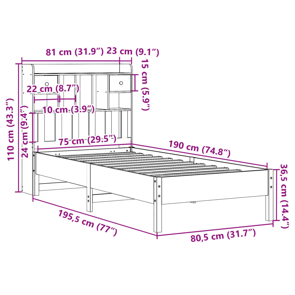 tömör fenyőfa könyvespolcos ágy matrac nélkül 75 x 190 cm
