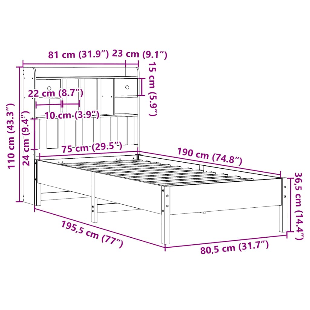 fehér tömör fenyőfa könyvespolcos ágy matrac nélkül 75 x 190 cm