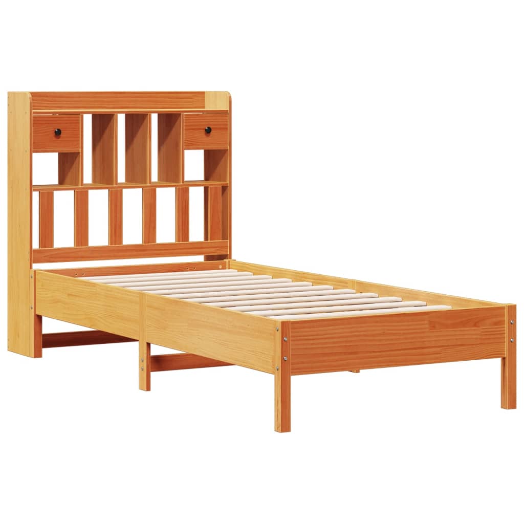 barna tömör fenyőfa könyvespolcos ágy matrac nélkül 75 x 190 cm