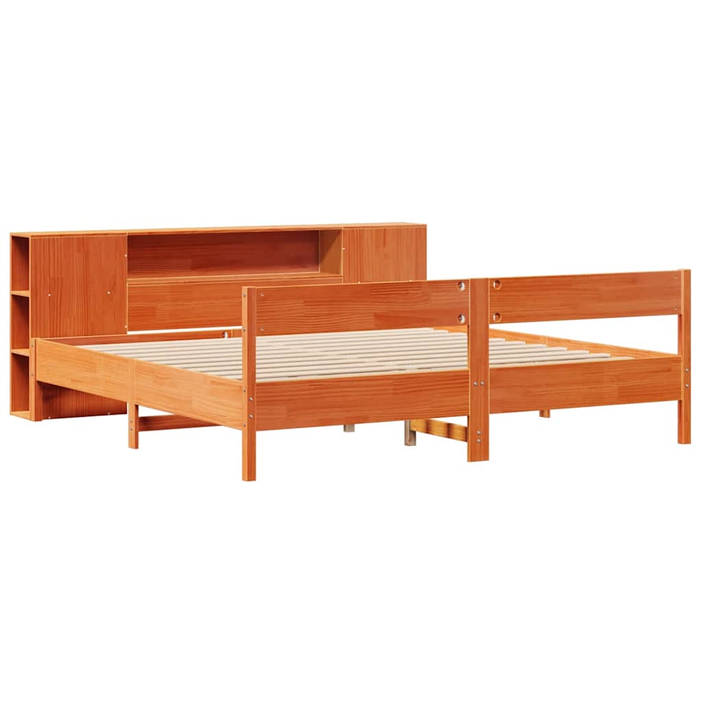 barna tömör fenyőfa könyvespolcos ágy matrac nélkül 200 x 200cm