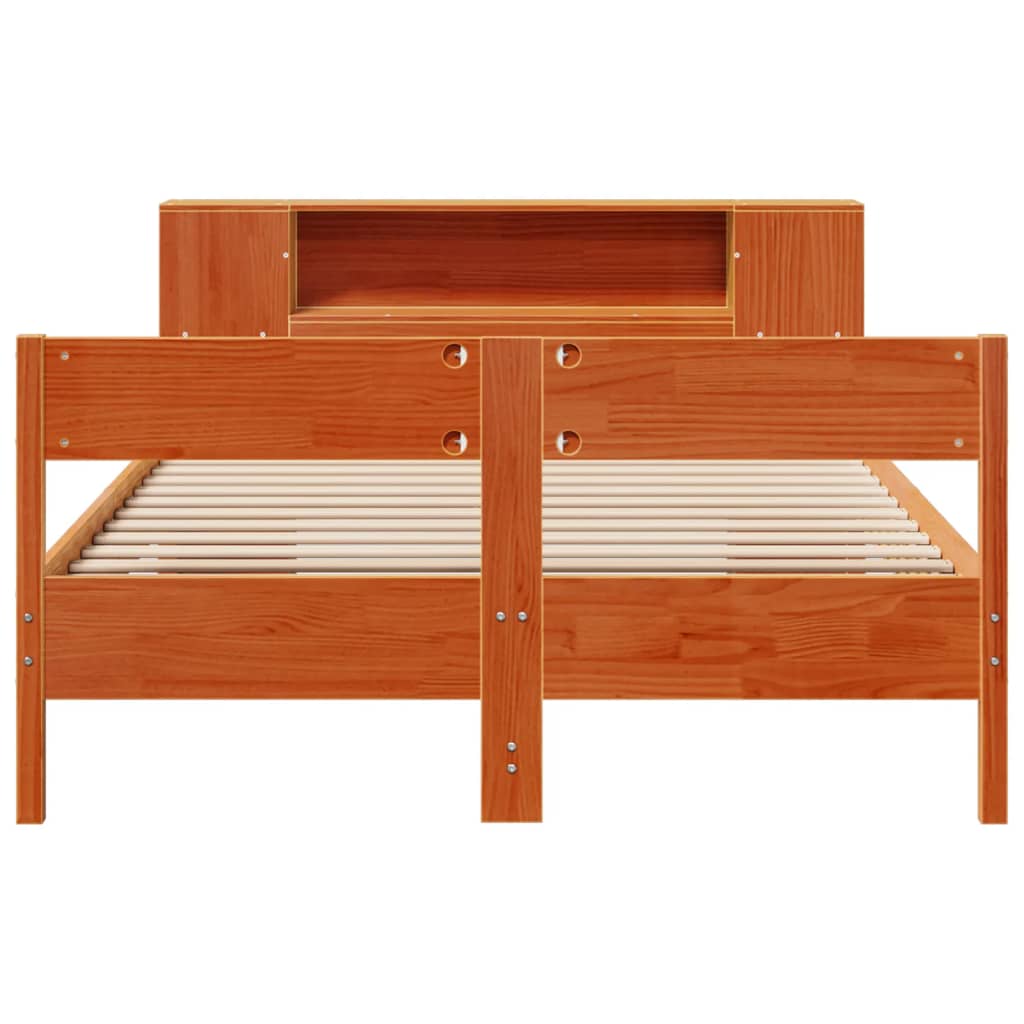 barna tömör fenyőfa könyvespolcos ágy matrac nélkül 150 x 200cm