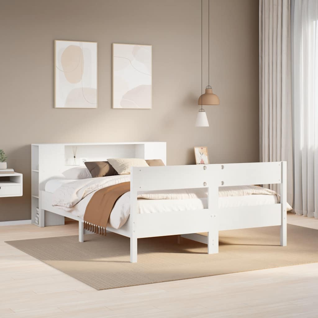fehér tömör fenyőfa könyvespolcos ágy matrac nélkül 140x200 cm