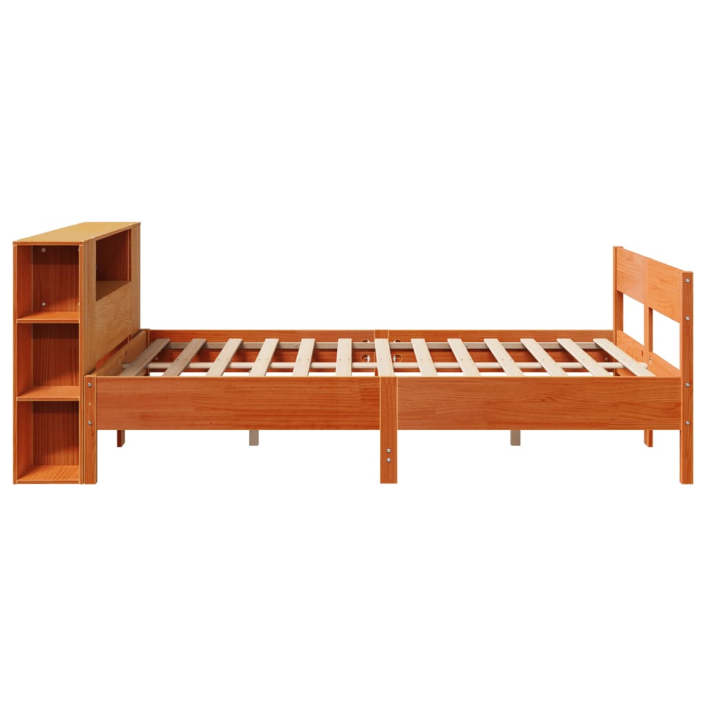 barna tömör fenyőfa könyvespolcos ágy matrac nélkül 140 x 200cm