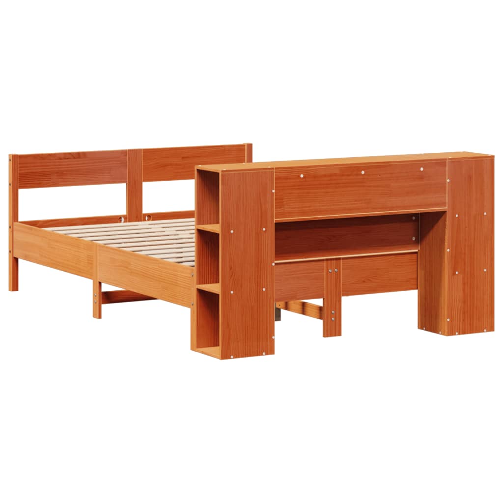 barna tömör fenyőfa könyvespolcos ágy matrac nélkül 140 x 190cm