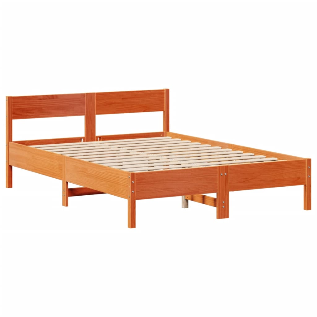barna tömör fenyőfa könyvespolcos ágy matrac nélkül 140 x 190cm