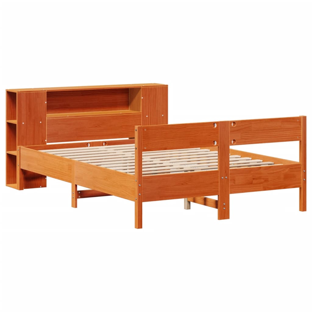 barna tömör fenyőfa könyvespolcos ágy matrac nélkül 135 x 190cm